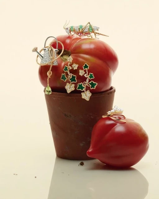 Still life of a tomato-shaped container topped with a tomato and decorated with jewelry, including earrings, rings, and a brooch.