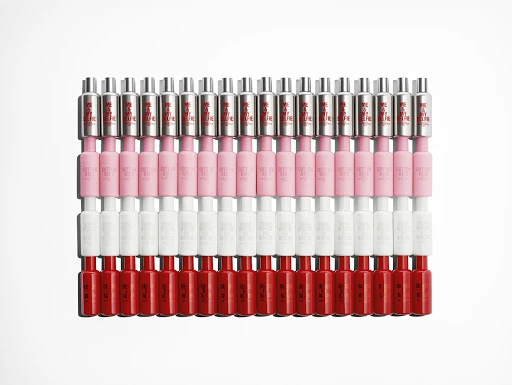 Rows of red, white, pink and silver bottles displayed on a white surface, arranged in neat rows forming a rectangular block.