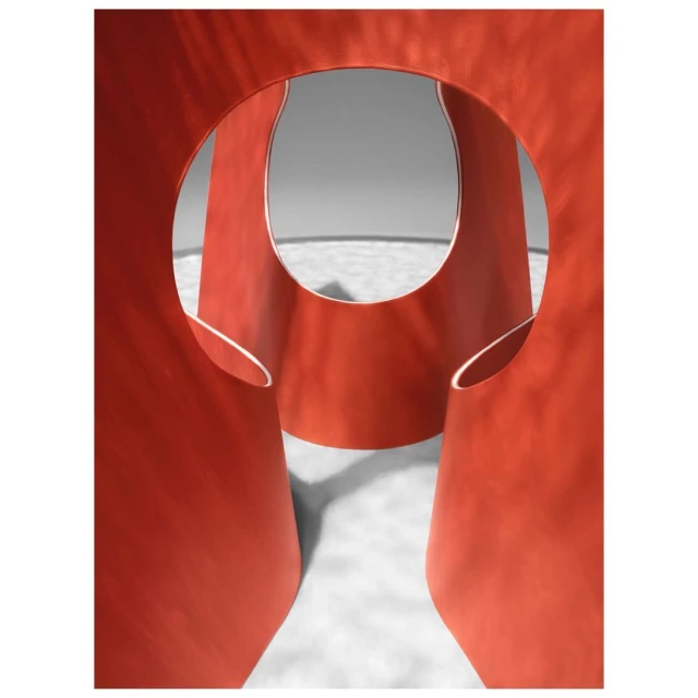 Abstract red sculpture featuring geometric shapes and shadows, set against a neutral backdrop, modern art, smooth texture.