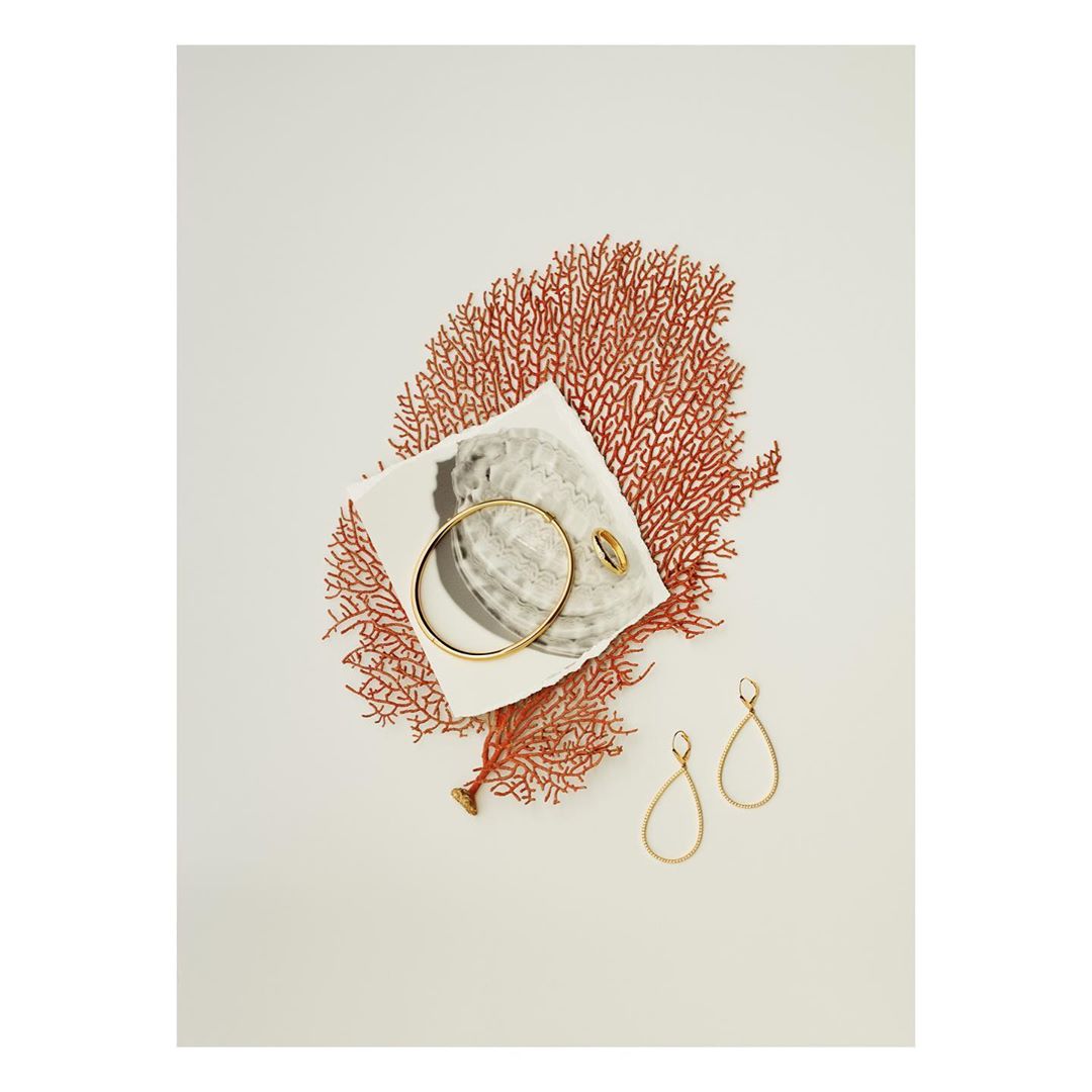 Still life studio shot of gold jewelry including a ring, bracelet, and pair of earrings on a light surface with a red coral.