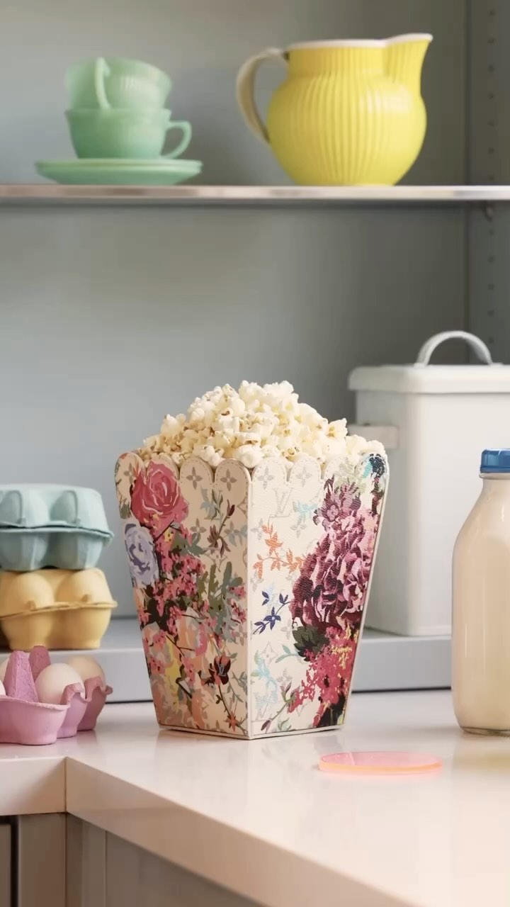 Popcorn in a floral container sits on a counter, with pastel egg cartons, a milk bottle, and yellow pitcher on a shelf visible.