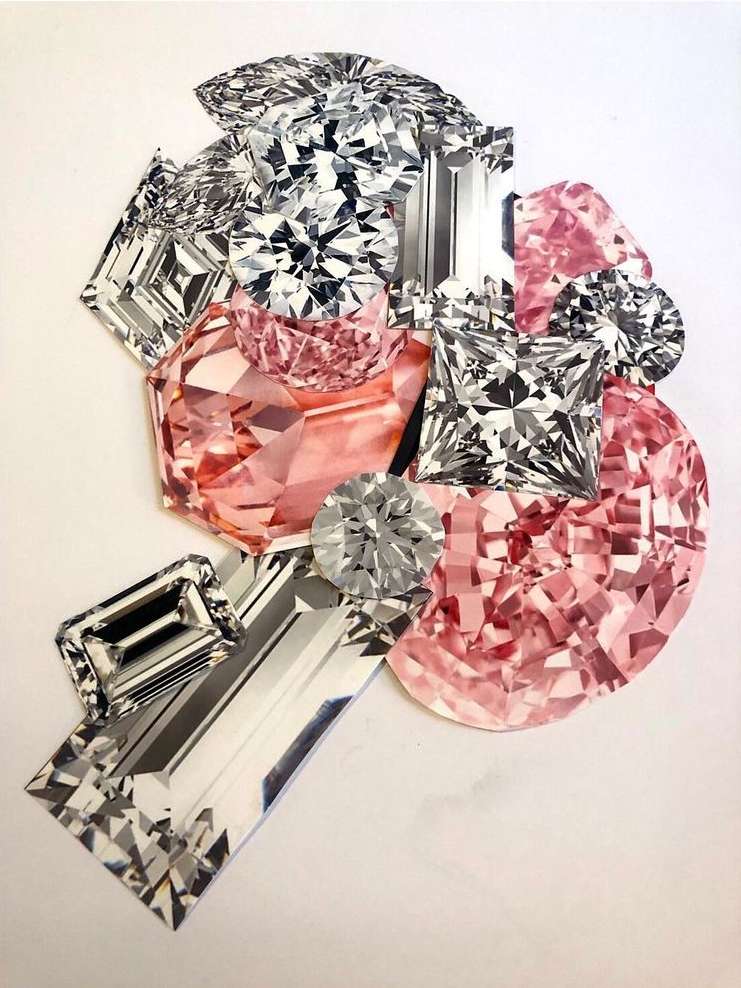 Illustration of various shapes and colours of diamonds including colorless and pink, on a white background, creating an abstract gem collage.