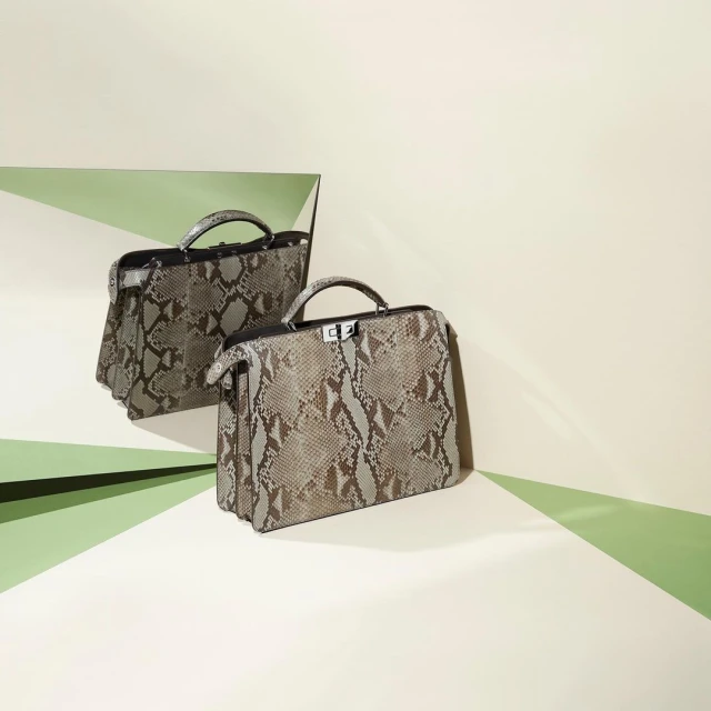 Fashion shot of a beige snakeskin-patterned handbag positioned next to its reflection, against a backdrop with light green accents.
