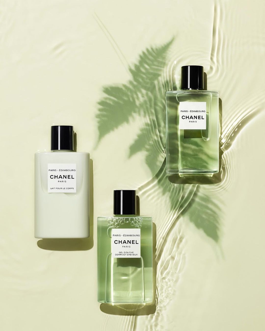 Three Chanel Paris Les Eaux De Chanel bottles are arranged on a light background with a fern shadow and water ripple effect.