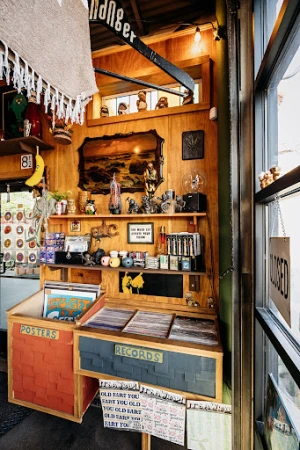 Indoor view of a record store with organized vinyl, posters, and memorabilia, offering a retro aesthetic with warm wood and displayed collectibles.