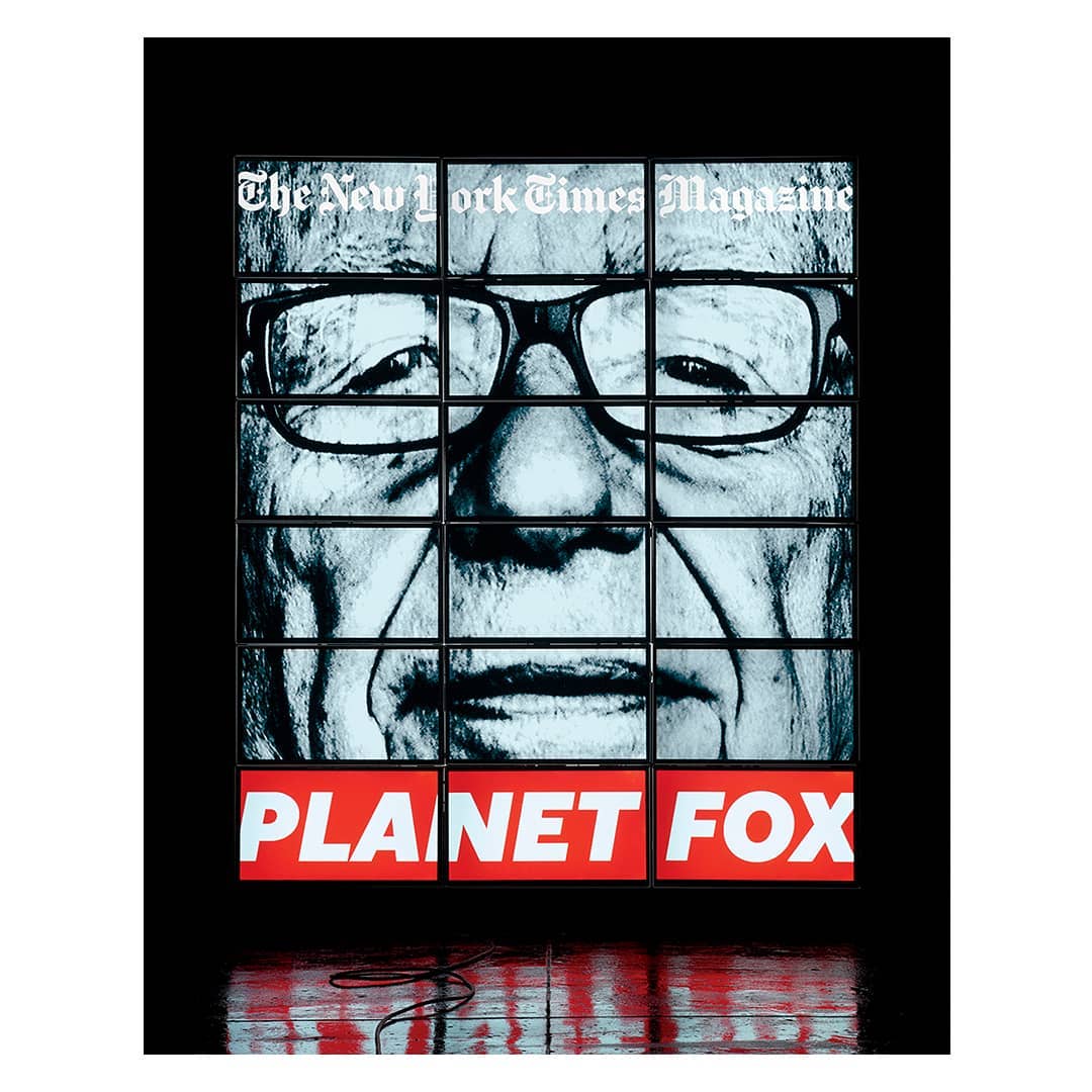 The New York Times Magazine cover features a digitally manipulated portrait on a grid of screens, displaying the words 'Planet Fox'.