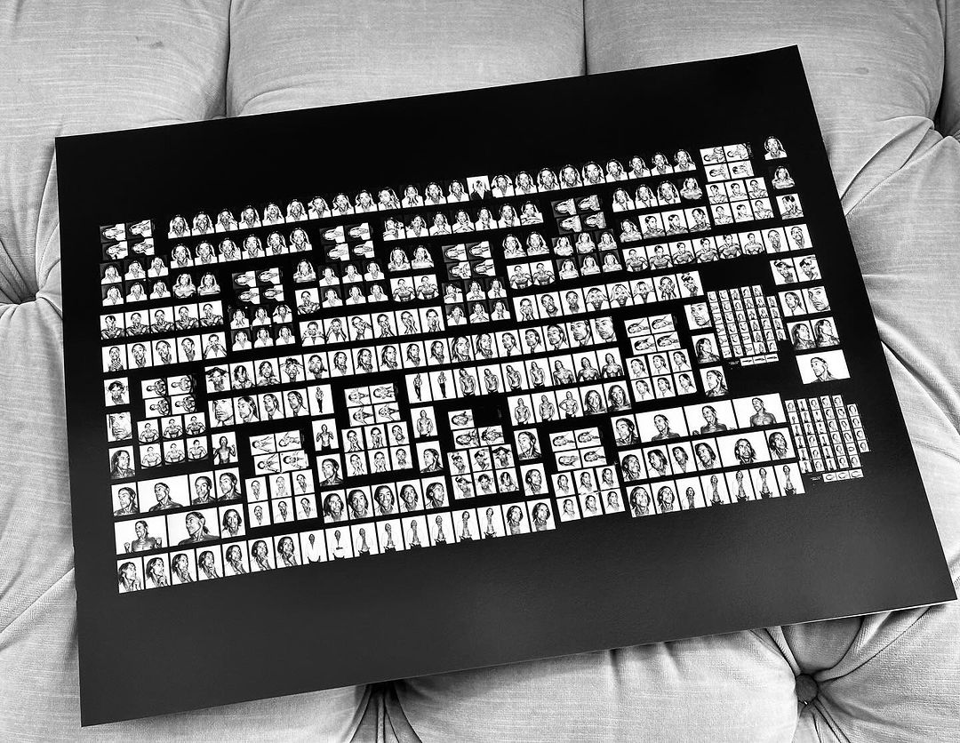 Monochrome artwork on a textured grey surface showcases a grid of illustrated portraits and symbols, presented in a stark black and white contrast.