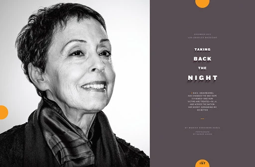 Portrait of an adult woman on a magazine cover; head and shoulders shot, facing left. Magazine cover text overlay on a neutral background.