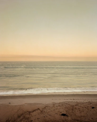 Scenic beach landscape featuring a sandy shore meeting a calm ocean under a gradient sky with muted earth tones.