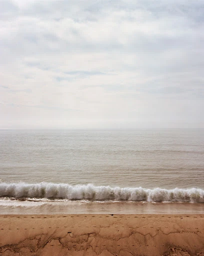 Minimalist seascape featuring a sandy beach, foamy waves, and a cloudy sky. Serene ocean scene with natural colors and soft lighting.