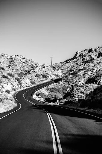 Monochrome landscape with a winding road cutting through hills under a bright sky, highlighting travel and nature.