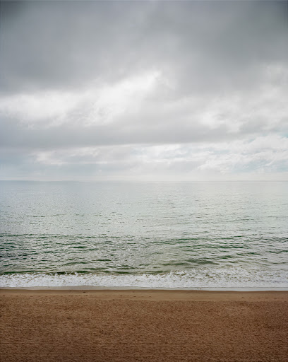 Calm ocean waves meeting a sandy beach under an overcast cloudy sky captured in a vertical frame.