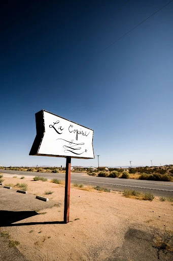 Desert roadside sign against blue sky. The roadside sign reads La Copine in black, stylish font.
