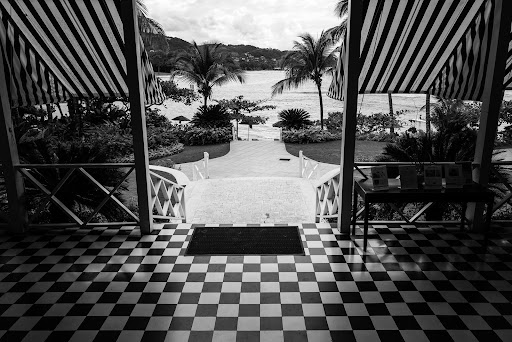Black and white photo of a veranda overlooking a tropical view with palm trees and water, with a checkered floor and striped awning.