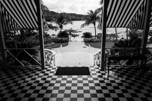 Black and white photo of a veranda overlooking a tropical view with palm trees and water, with a checkered floor and striped awning.