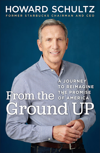 Book cover featuring Howard Schultz, former Starbucks chairman and CEO, against a blue background. He wears a button-down shirt and jeans.