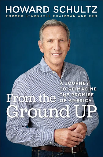 Book cover featuring Howard Schultz, former Starbucks chairman and CEO, against a blue background. He wears a button-down shirt and jeans.