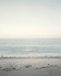 Calm coastal view showing a sandy beach meeting gentle ocean waves under a pale hazy sky.