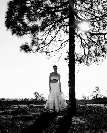 Model standing beneath a large pine tree in a monochrome landscape wearing a strapless two piece outfit