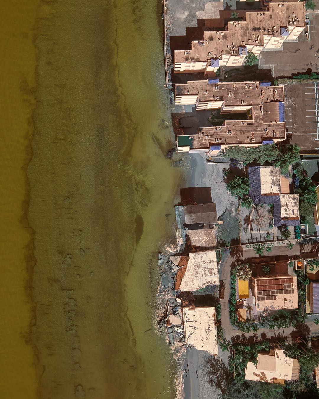 Aerial view of beachfront property showcasing residential buildings, beach and water, providing a scenic landscape.