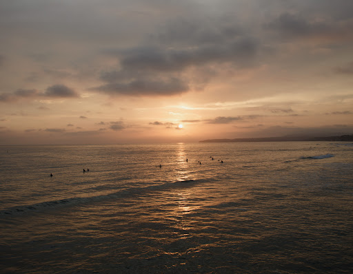 Ocean sunset with silhouetted surfers in the water, creating a serene and atmospheric coastal scene with a warm color palette.