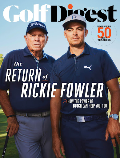 Golf Digest magazine cover featuring professional golfers Rickie Fowler and Butch Harmon, with golf course visible in the background.