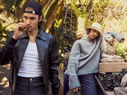 Split image of adult male wearing a leather jacket and a ball cap, next to an adult male in sweater leaning on a lion statue.