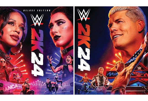 WWE 2K24 Deluxe Edition cover art featuring side-by-side portraits of wrestlers Bianca Belair, Rhea Ripley, and Cody Rhodes.