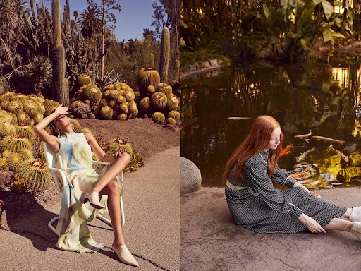Two women pose in outdoor settings: one seated near cacti in a light dress, the other by a pond with fish in a patterned dress.