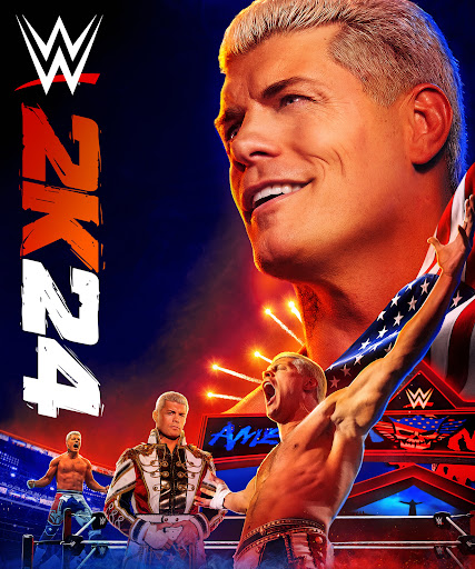 WWE 2K24 promotional art featuring Cody Rhodes in wrestling ring. American flag imagery, dramatic lighting, and logo present.