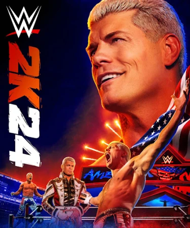 WWE 2K24 promotional art featuring Cody Rhodes in wrestling ring. American flag imagery, dramatic lighting, and logo present.