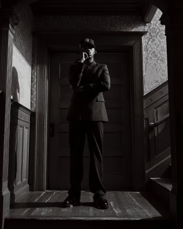 Man wearing a suit and baseball cap standing in a dimly lit hallway with patterned wallpaper