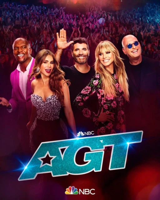 America's Got Talent promo featuring Terry Crews, Sofia Vergara, Simon Cowell, Heidi Klum, and Howie Mandel, in front of crowd.