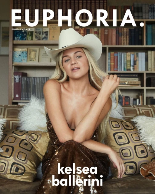 Euphoria magazine cover featuring Kelsea Ballerini wearing a cowboy hat and sparkly dress, posing in front of a bookshelf.