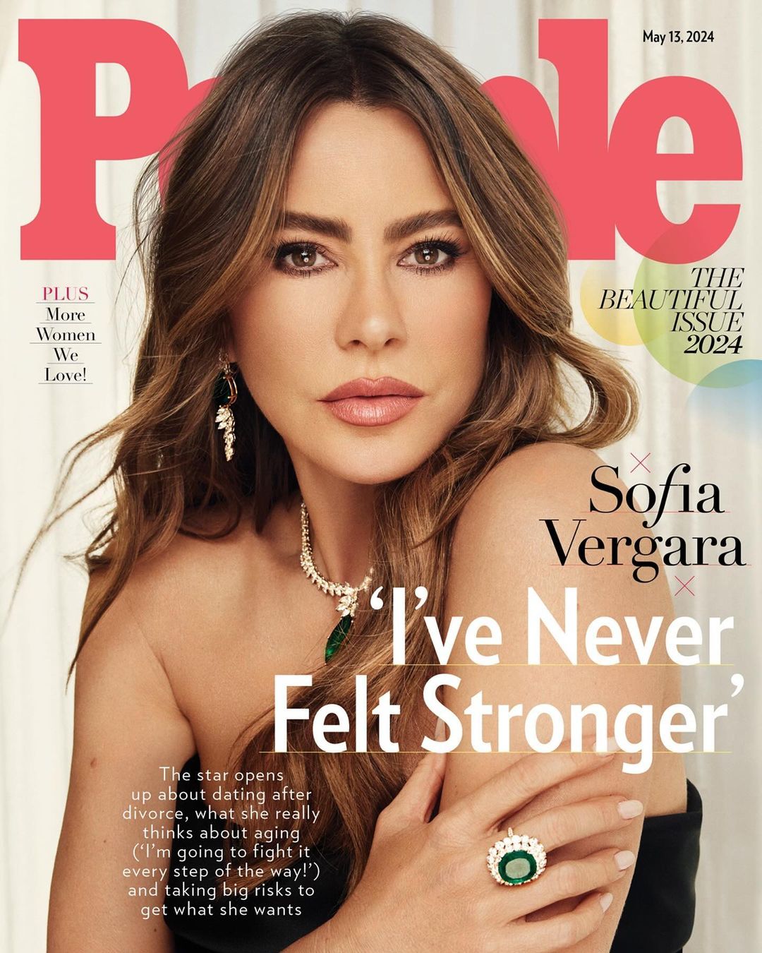 Sofia Vergara on People Magazine cover, May 13, 2024, The Beautiful Issue, portrait of a celebrity with long brown hair, jewelry.