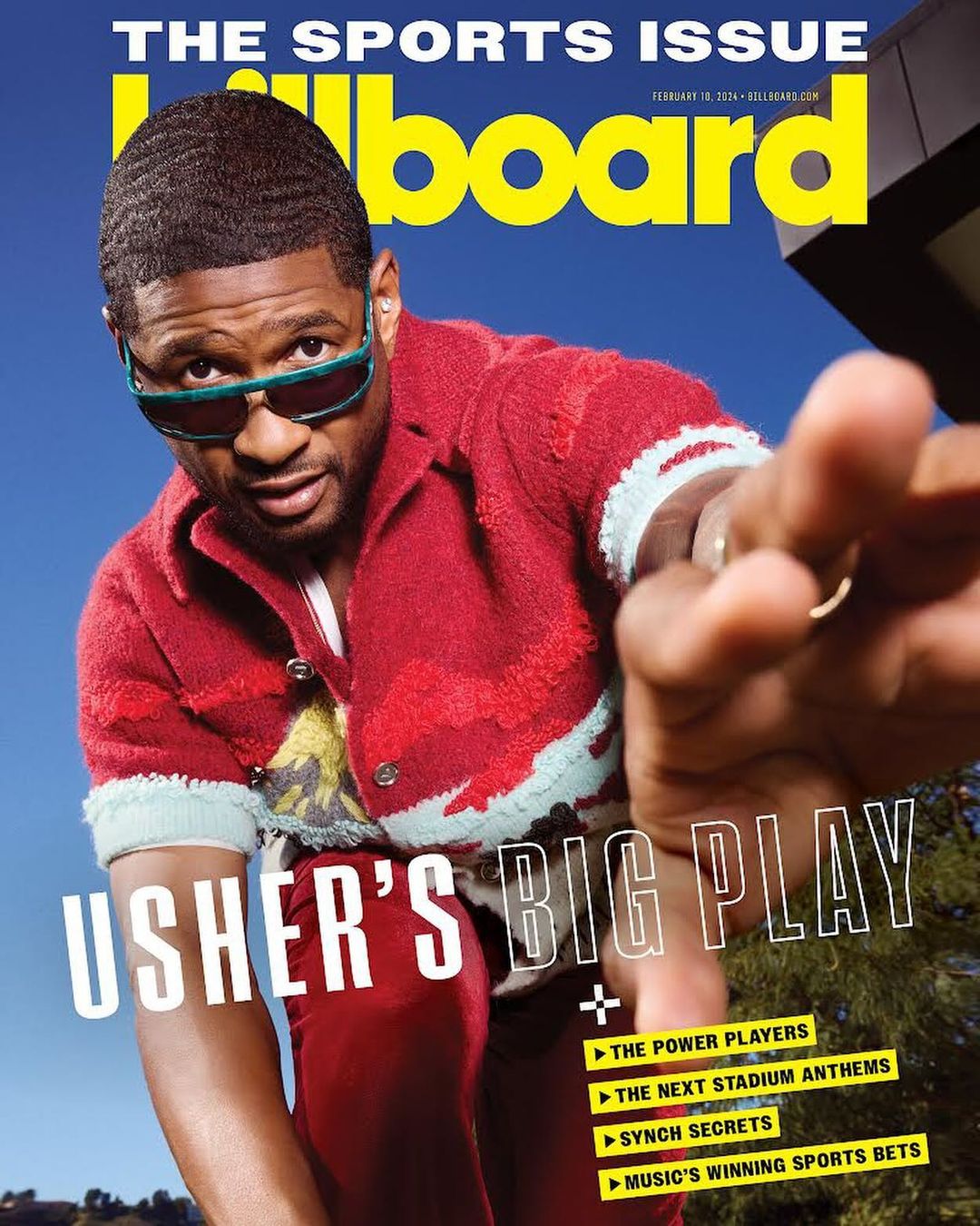 Billboard cover featuring Usher in a red patterned jacket and sunglasses against a blue sky, promoting the sports issue.