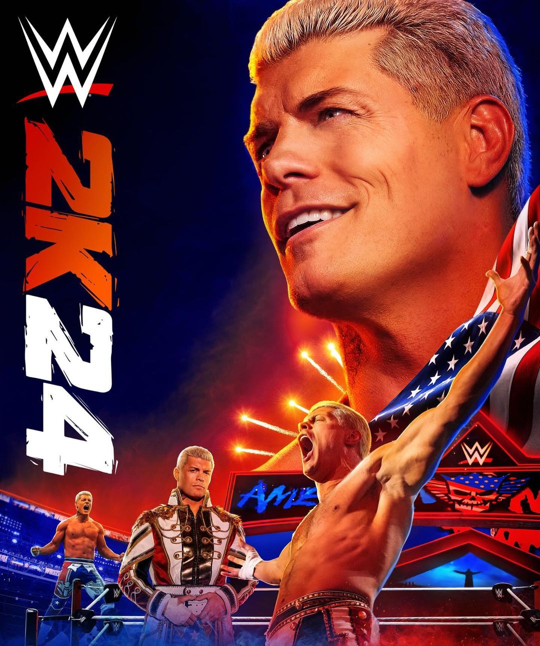 WWE 2K24 promotional art features a large portrait of a smiling wrestler, along with wrestlers in a ring, an American flag, and event branding.