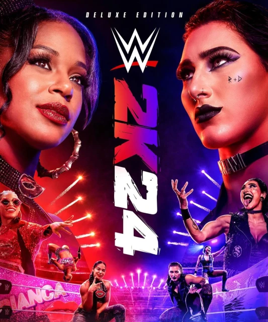 WWE 2K24 Deluxe Edition cover featuring wrestlers Bianca Belair and Rhea Ripley, set against a backdrop of spotlights and arena imagery.