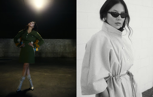 Two stylish Asian women showcase modern fashion; one poses in a green outfit outdoors, the other in a neutral coat against a white wall.