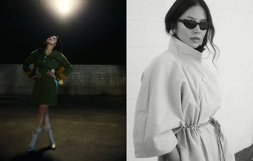Two stylish Asian women showcase modern fashion; one poses in a green outfit outdoors, the other in a neutral coat against a white wall.