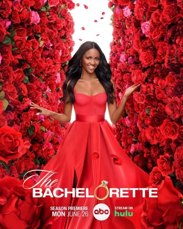 Woman in red dress poses in front of a red rose wall for The Bachelorette TV show poster. Prominent show logo and Hulu branding visible.