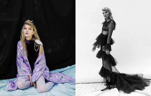 Two fashion portraits, one with a woman kneeling in lilac robe and tights, the other in black tulle dress against a white background.