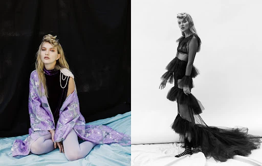 Two fashion portraits, one with a woman kneeling in lilac robe and tights, the other in black tulle dress against a white background.
