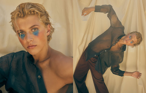 Headshot and full body fashion portrait of a fair-skinned adult male with blue makeup, blond hair, wearing a sheer black shirt.