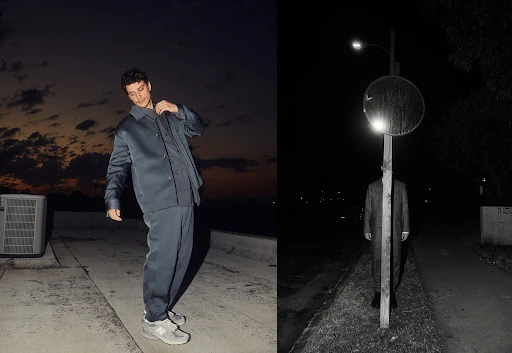 A split-screen fashion portrait features a man in an elegant grey outfit against a twilight sky, contrasted with an urban night scene.