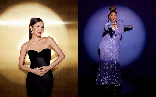 Diptyque composition of two women in evening gowns under spotlight illumination against textured backdrops.