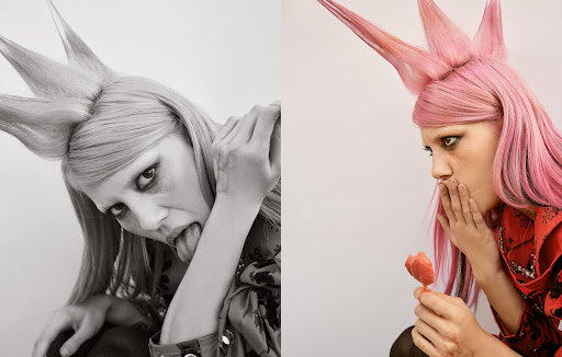 Split screen portrait of a young woman with pink spiky hair, making faces and holding a lollipop against a solid white background.