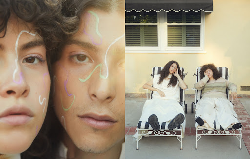Two young adults pose with face paint in a split composition: close-up portrait and relaxed outdoor scene with lounge chairs.