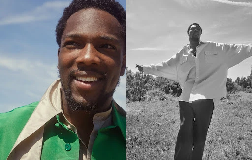 Split-screen: A smiling Black man in a green jacket against a blue sky, and a Black and white full shot of a man in an open field.
