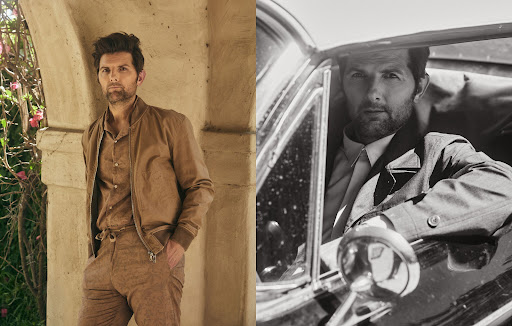 Split-screen portrait of a man, on the left wearing a brown jacket and pants, and on the right in a car wearing a suit.